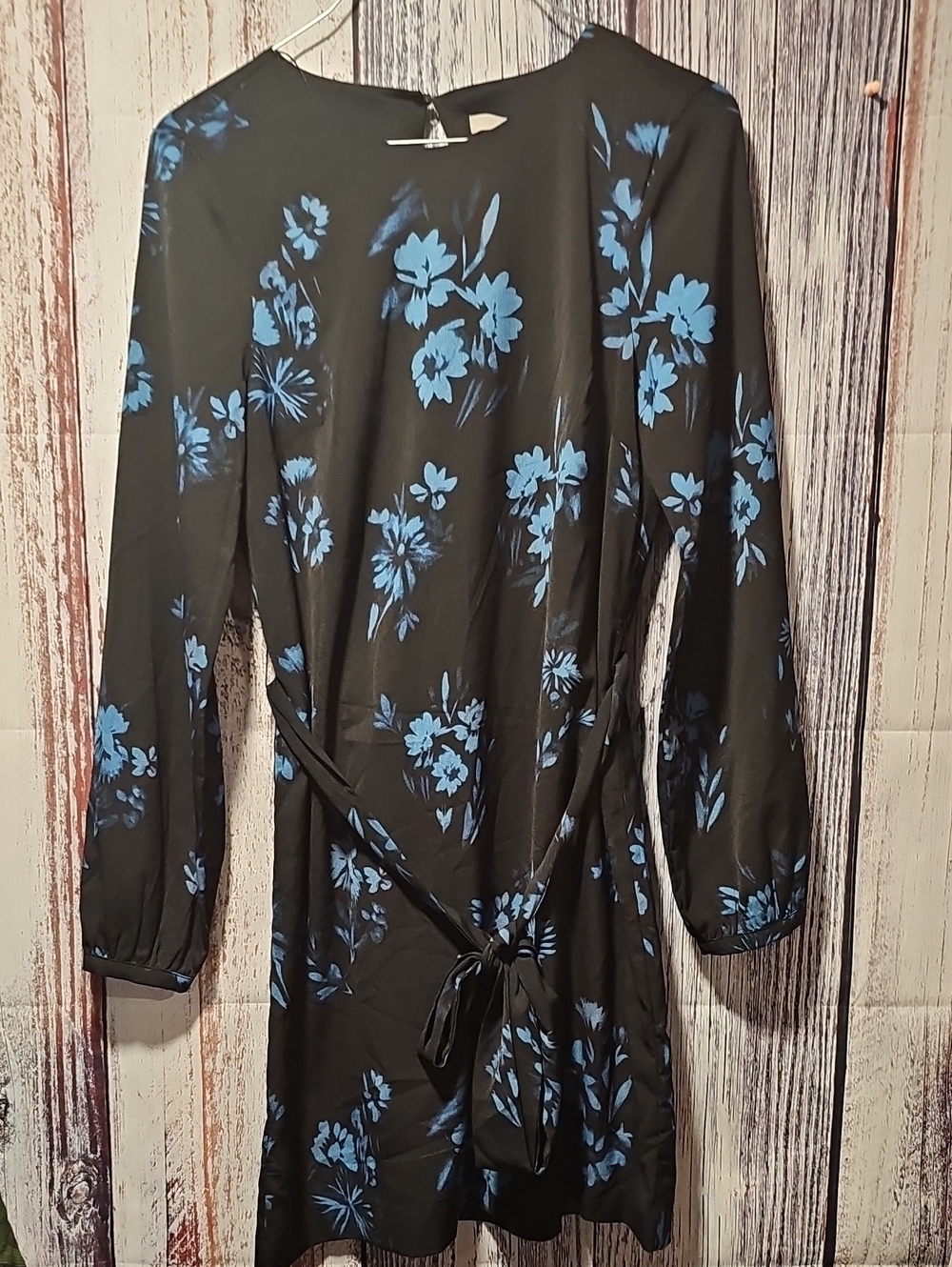 H&M Black Long-Sleeve Floral Tie-Waist Dress with Blue Print